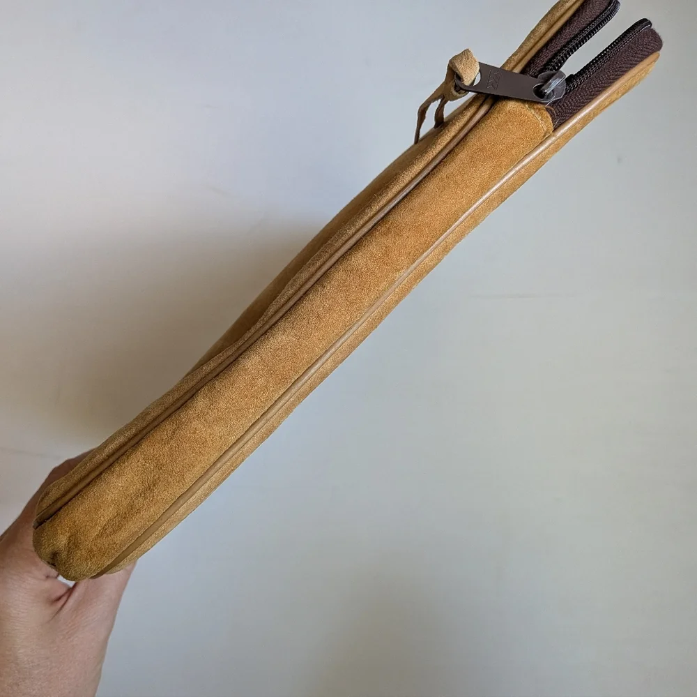 Tan Suede Laptop Document Bag Case with Stripe Detail